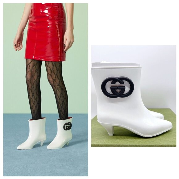 Gucci Interlocking G Logo Rubber Ankle Rain Boot White EU 36 US 6 - Authentic
